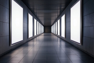High-tech advertising display with illuminated frames along a dimly lit corridor, creating a premium and immersive visual experience