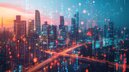 Modern Cityscape Night Skyline Digital Art Futuristic Urban Technology Background data scene lights 