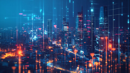 Fototapeta premium Futuristic Cityscape Night Digital Art Modern Technology City Lights Urban Skyline data image scene 