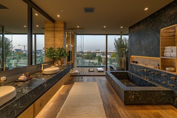 Fototapeta premium Luxurious modern penthouse bathroom design urban cityscape interior decor relaxing atmosphere panoramic view elegance