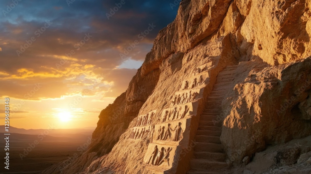 Poster a large rock formation with a staircase carved into it