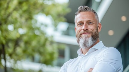 Naklejka premium Smiling businessman outside modern building