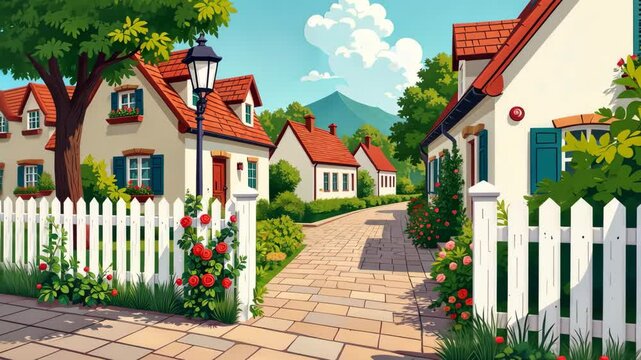 A white picket fence separates a residential street from a row of houses. The houses are predominantly white with red accents, giving them a charming and quaint appearance