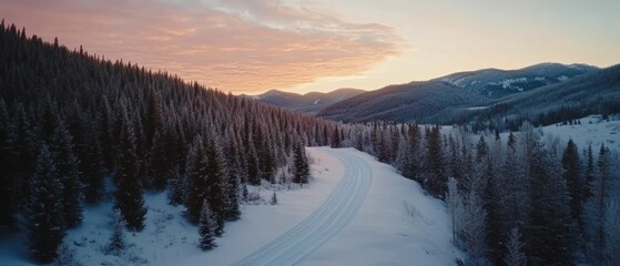 Winter landscape with snow-covered mountains, serene river, and evergreen trees at sunset, perfect for nature and travel photography.