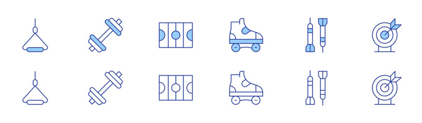 Sports icon set in two styles, Duotone and Thin Line style. Editable stroke. kitesurfing, roller skate, darts, bullseye, gym, hockey pitch