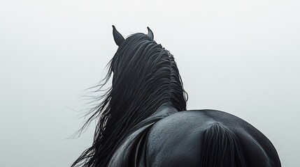 Fototapeta premium Majestic black horse gracefully moves away in soft light. AI Generated