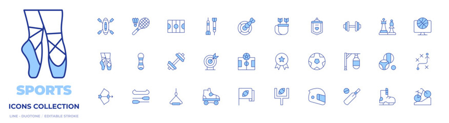 Sports icons collection. Line Duotone style, editable stroke. american football, archery, football, kitesurfing, roller skate, ballerina, canoe, bullseye, gym, snowboard