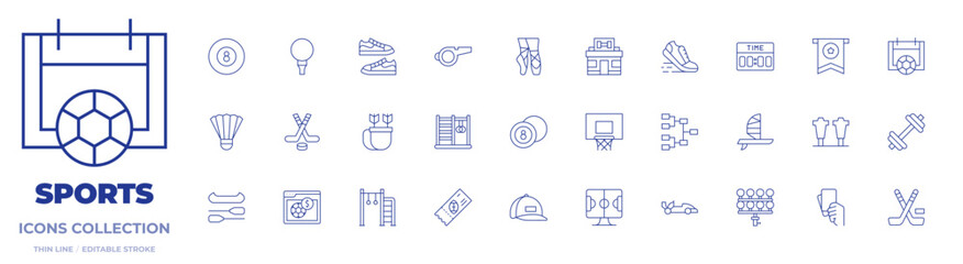 Sports icons collection. Thin Line icons, editable stroke. badminton, billiard ball, golf, hockey, quiver, shoes, sports, whistle, ballerina, billiard, gym, hoop, playoff