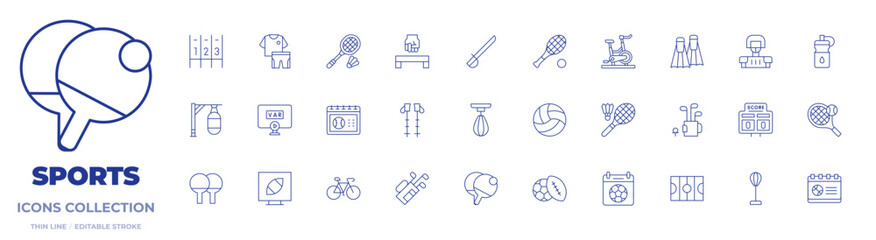Sports icons collection. Thin Line icons, editable stroke. badminton, calendar, fist, hiking, punching ball, saber, punching bag, running track, sport wear, var replay