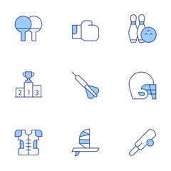 Sports icons set. Line Duotone style, editable stroke. bowling, boxing glove, ranking, shoulder pads, cricket, dart, helmet, ping pong, windsurf