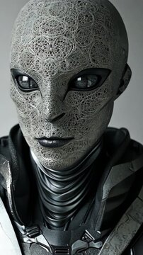  A futuristic alien with an intricate mesh-like facial structure, cybernetic features, and deep black reflective eyes.