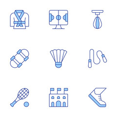Sports icons set. Line Duotone style, editable stroke. kimono, skating, skipping rope, badminton, arena, running shoes, football, punching ball, tennis