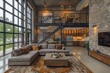 Modern industrial loft with steel-framed windows urban setting interior design chic environment wide-angle view contemporary living