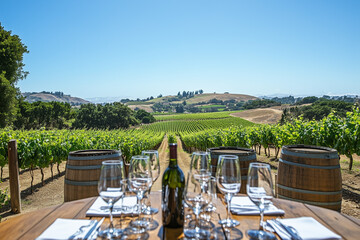 Wine glasses on wine barrel in vineyard in France