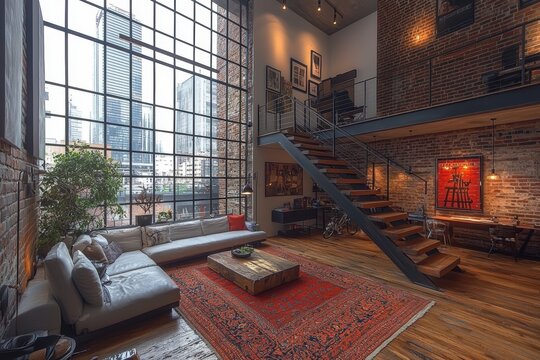 Industrial loft living room with steel-framed windows urban cityscape interior design modern environment spacious viewpoint