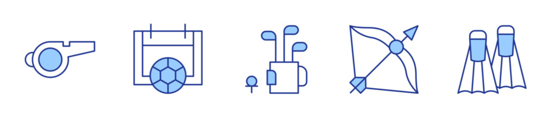 whistle, arrow, flippers, football, golf stick. Sports Icon vector illustration. Line Duotone style. Editable stroke