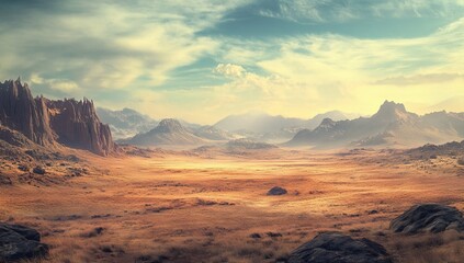 Naklejka premium Desolate desert landscape panorama under a golden sky