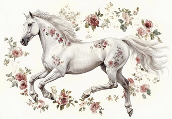 graceful white horse galloping amidst floral decorations, showcasing elegance and beauty. horse flowing mane and surrounding roses create serene and artistic atmosphere