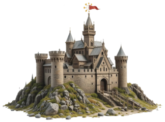 Stone Castle on a Rocky Island with Birds Flying Overhead, transparent background png