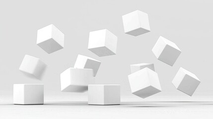Floating white cubes in mid-air against a minimalist background, showcasing motion and balance