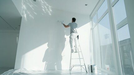 Home renovation project: man painting wall with roller on ladder in bright interior space, DIY home improvement, fresh paint ideas, modern design inspiration