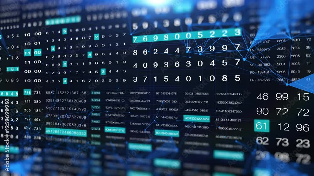 Aufkleber HUD Futuristic Digital Data Number Code Animation Perspective View With  Low Poly Moving 4K Motion. Abstract Binary Decimal Number Monitor Display.
