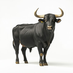 black bull standing confidently in front of white background, showcasing its strong physique and prominent horns. This majestic animal exudes power and grace