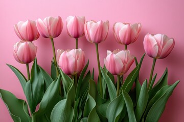 Fototapeta premium Pink tulips on pink background, flat lay banner with copy space, minimalist style design.