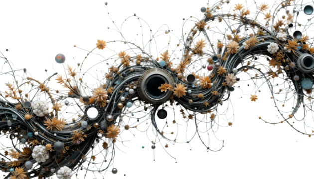 Abstract floral and metallic wave composition, transparent background png