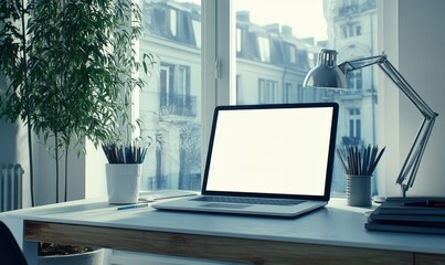 Fototapeta premium Laptop on desk, blank screen, city view, home office, workspace