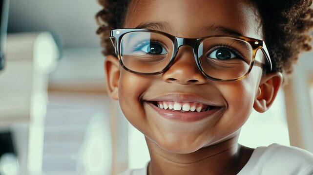 A Cheerful Young Boy Undergoing an Eye Test in a Modern Clinic