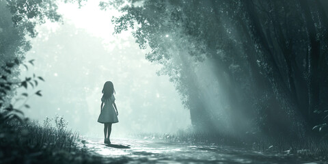 Misty anime fantasy woodland, foggy forest landscape, boy and girl walking, magical nature scene, dreamy wallpaper background