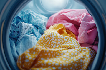 Clothes tumbling in a dryer, soft light filtering through the glass, highlighting vibrant fabrics and textures.