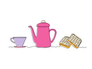 Abstract coffee pot, teapot and cup, Viennese waffles, dessert for breakfast, continuous single one line art hand drawing sketch logo