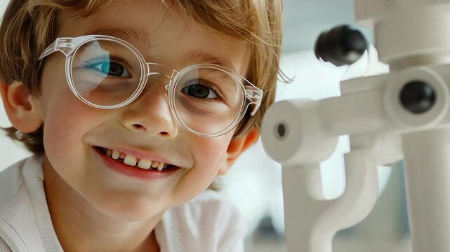 Close-Up of Happy Boy in Ophthalmology Clinic Testing Eyes