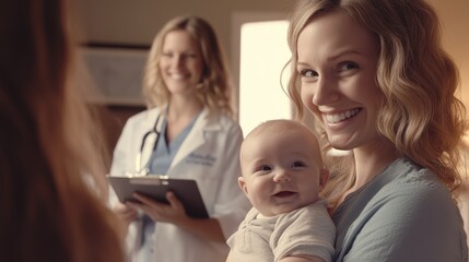 Obraz premium New mother holding baby during pediatric check-up with doctor in office setting, smiling faces, healthcare and family support imagery