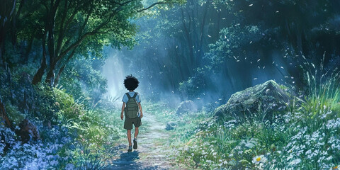 Misty anime fantasy woodland, foggy forest landscape, boy and girl walking, magical nature scene, dreamy wallpaper background