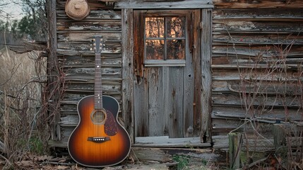 Acoustic guitar leaning against a rustic wooden cabin door at sunset in a serene outdoor setting