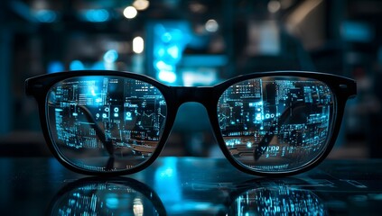 Futuristic glasses reflecting digital city