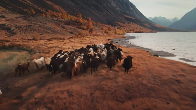 Herd of domestic yaks runs near mountain lake at sunset autumn mountains