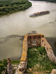 A view from a high point of Devin Castle showing the confluence of the Danube and Morava rivers.