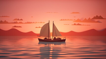 Fototapeta premium paper cut art of a small boat on a calm sea , empty space in the center,generative ai illustration