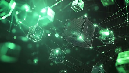 Futuristic green cubes connected by lines, abstract digital network