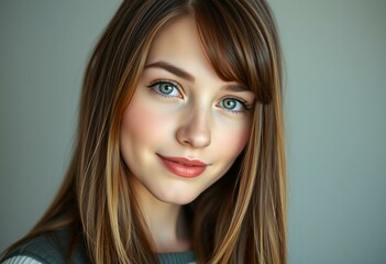 Naklejka premium A 20-year-old female student with long brown hair and bright green eyes