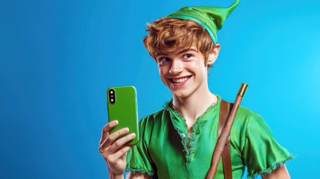 An online game for kids. Portrait of funny Peter Pan on a blue background. The concept of a children's holiday. A young man in a green suit holds a green cell phone in his hands