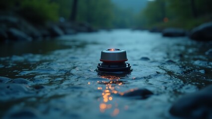 A sensor measures water levels in a river, creating a precise and innovative atmosphere. The scene celebrates technology that helps manage water resources and highlights the importance of real-time da