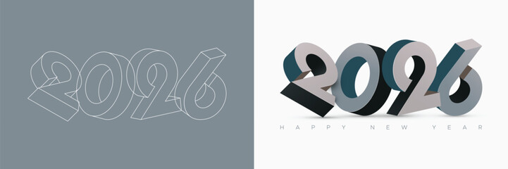 Happy New Year 2026 with 3D number and number line. Greeting concept for New Year celebration