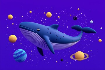Fototapeta premium Cartoon Whale Soaring Through a Galaxy of Planets