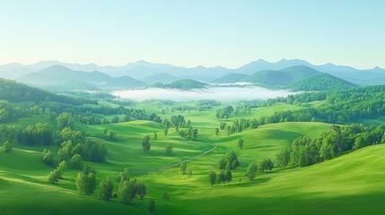 Obraz premium Serene morning mist over rolling green hills and mountains