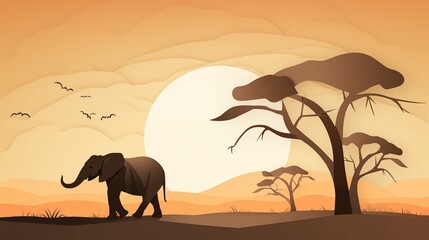 Fototapeta premium paper cut art of a stylized elephant walking, empty space in the center,generative ai illustration